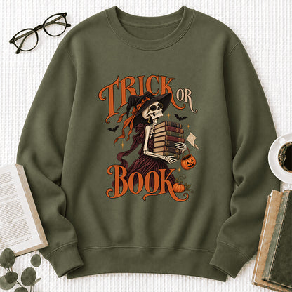 Trick Or Book Printed Sweatshirt | Halloween Book Lover Gift Military Green