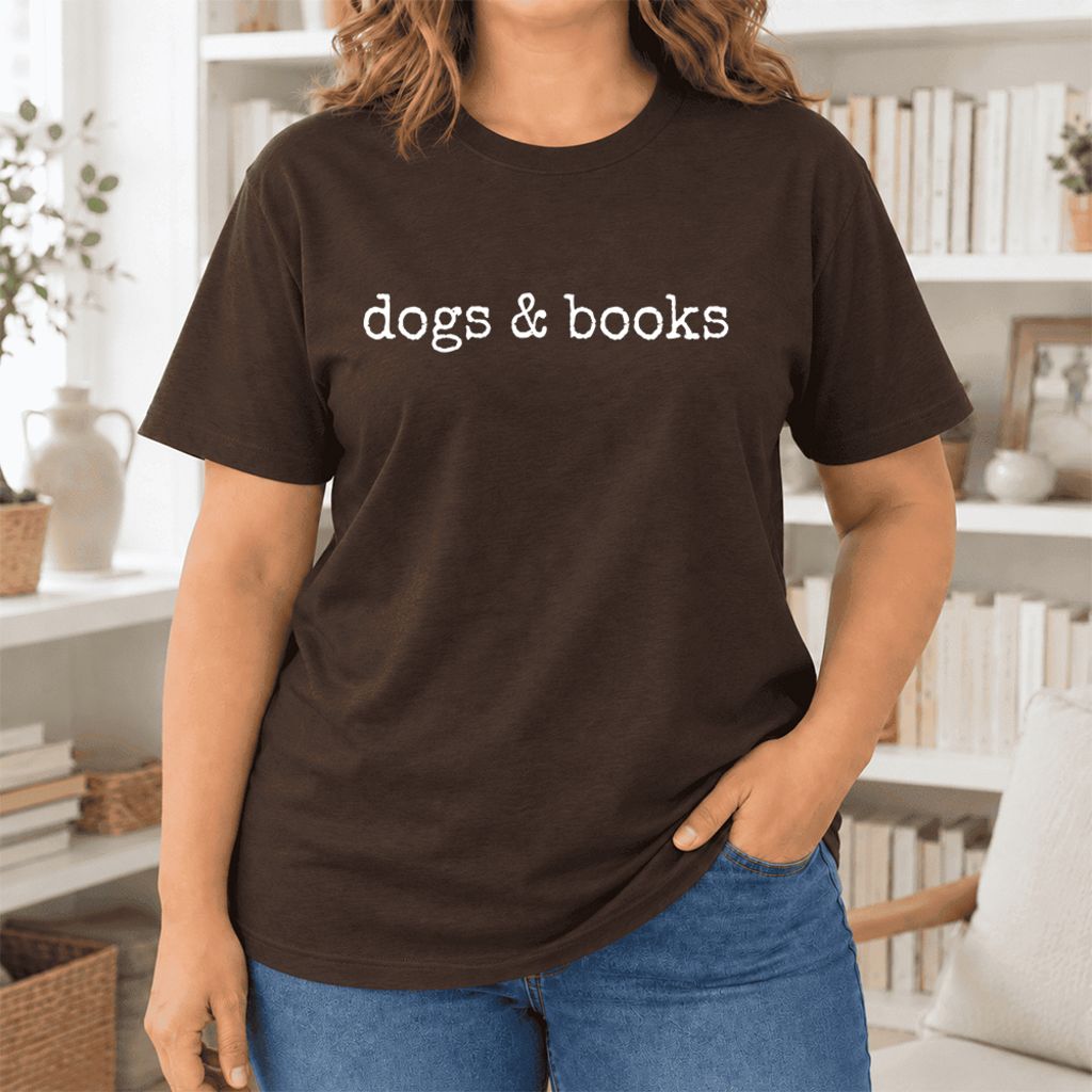 Dogs & Books Ultra-Soft Cotton T-Shirt | Dog Lover & Reader Gift Brown