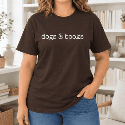 Dogs & Books Ultra-Soft Cotton T-Shirt | Dog Lover & Reader Gift Brown