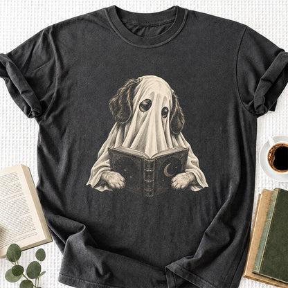 Reading Ghost Dog Printed T-Shirt | Halloween Dog Lover Gift Dark Heather
