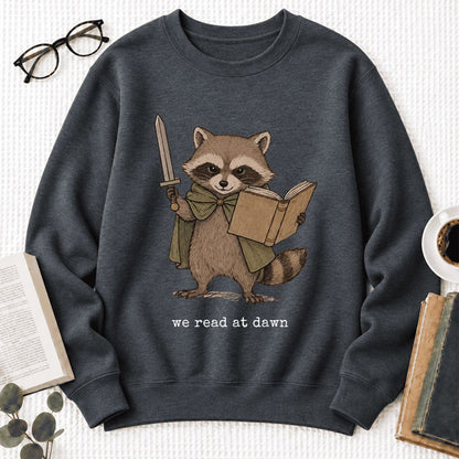 We Read At Dawn Funny Racoon Softstyle Sweatshirt | Cozy Book Lover Gift Dark Heather