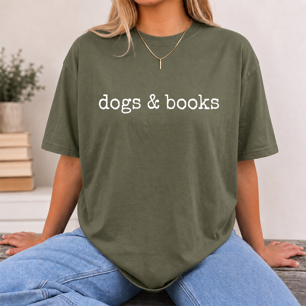 Dogs & Books Sport Cotton T-Shirt | Dog Lover & Reader Gift Military Green