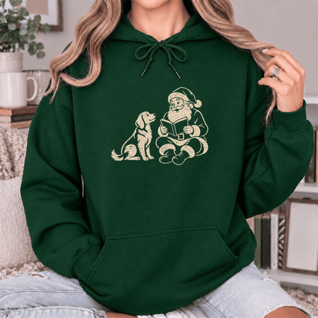 Funny Dog With Santa Christmas Softstyle Hoodie | Christmas Gift For Dog & Book Lover Forest Green