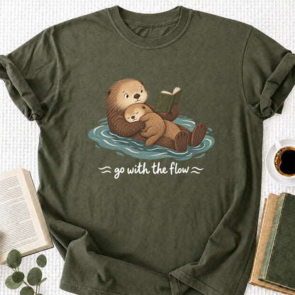 Go With The Flow Otter Reading Softstyle T-Shirt | Book Lover Gift Military Green