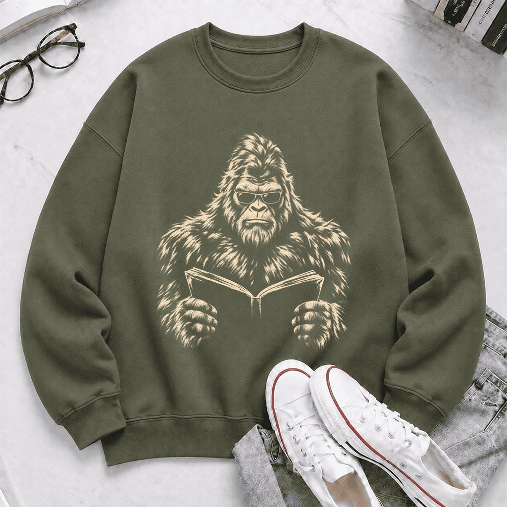 Big Foot Reading Book Crewneck Sweatshirt | Reader Gift Military Green
