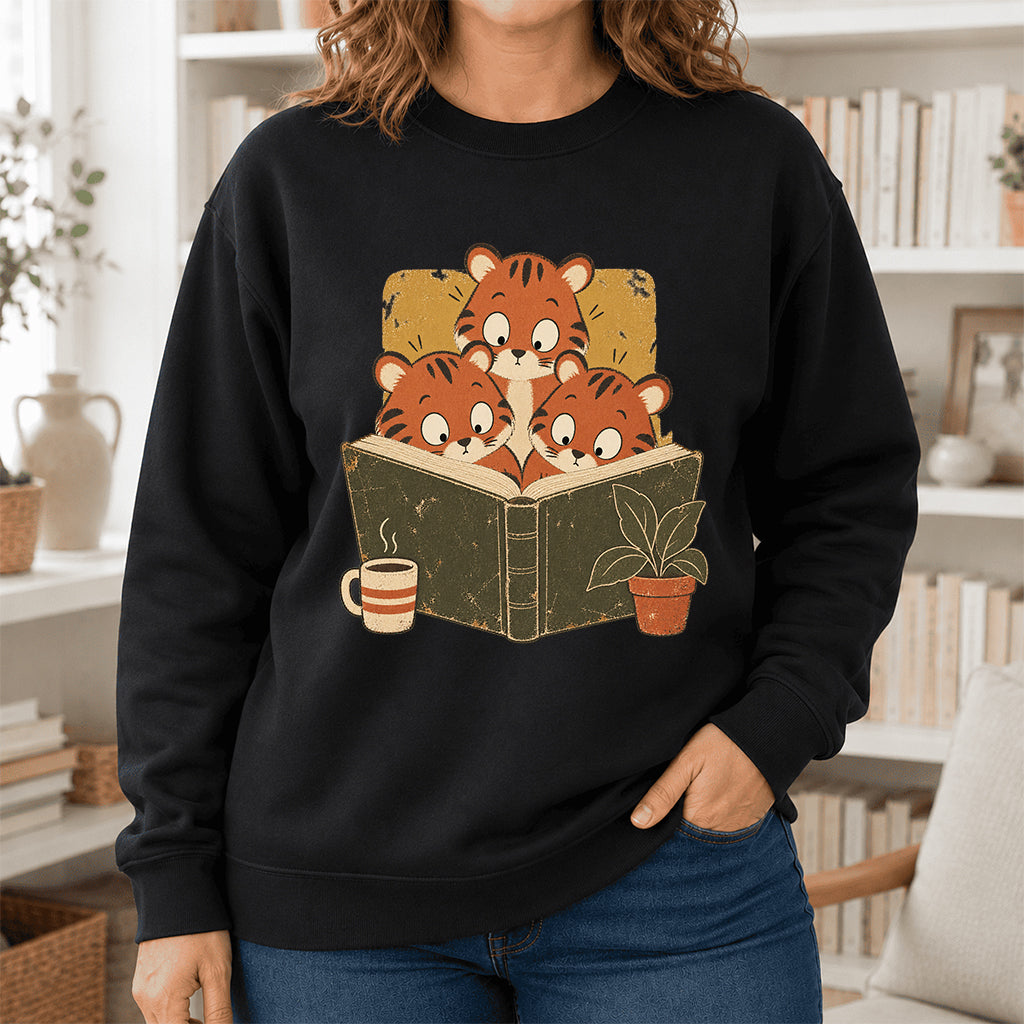 Minimal Japanese Tigers Reading Crewneck Sweatshirt | Reader Gift Black