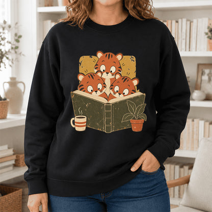Minimal Japanese Tigers Reading Crewneck Sweatshirt | Reader Gift Black