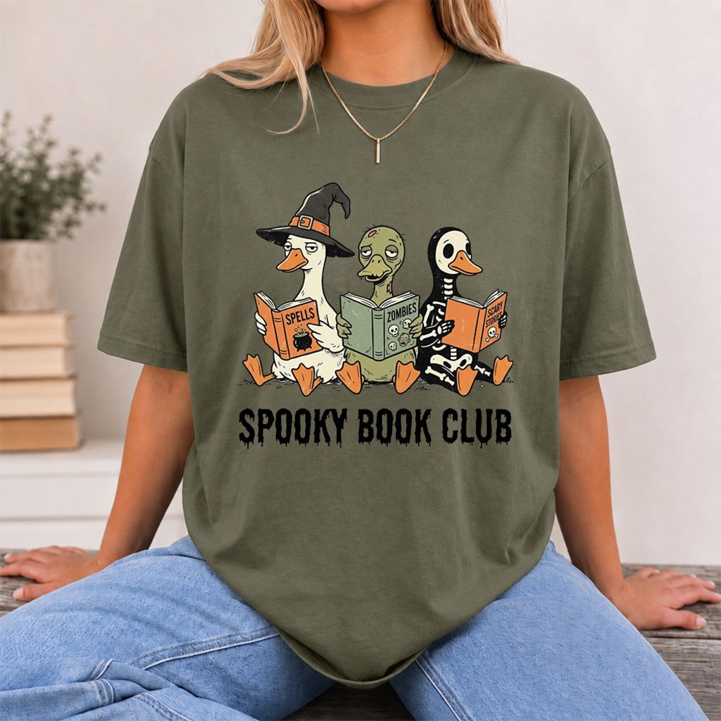 Spooky Book Club Printed T-Shirt | Halloween Book Lover Gift Military Green