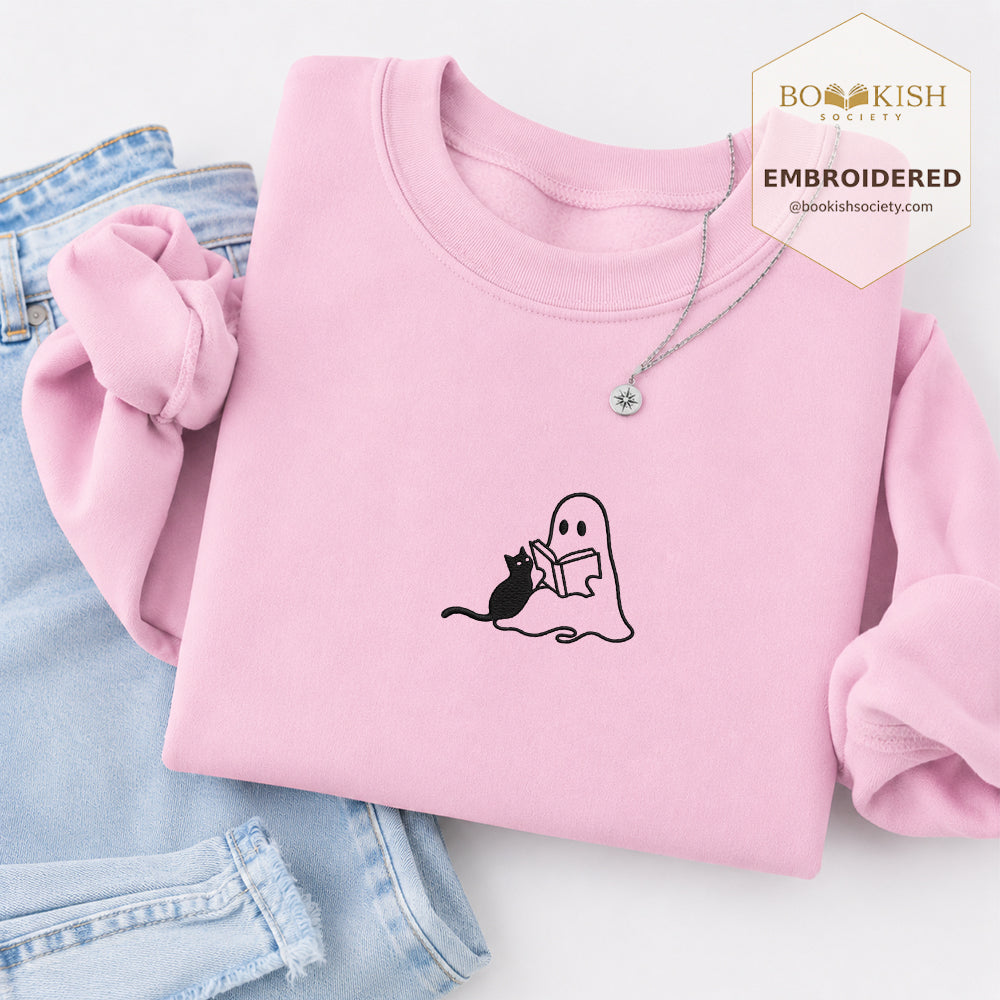 Reading Ghost And Black Cat Embroidered Sweatshirt | Halloween Reader Gift Light Pink