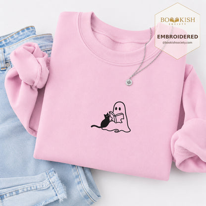Reading Ghost And Black Cat Embroidered Sweatshirt | Halloween Reader Gift Light Pink