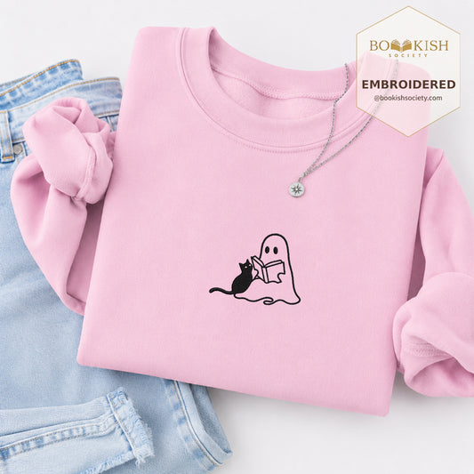 Reading Ghost And Black Cat Embroidered Sweatshirt | Halloween Reader Gift Light Pink