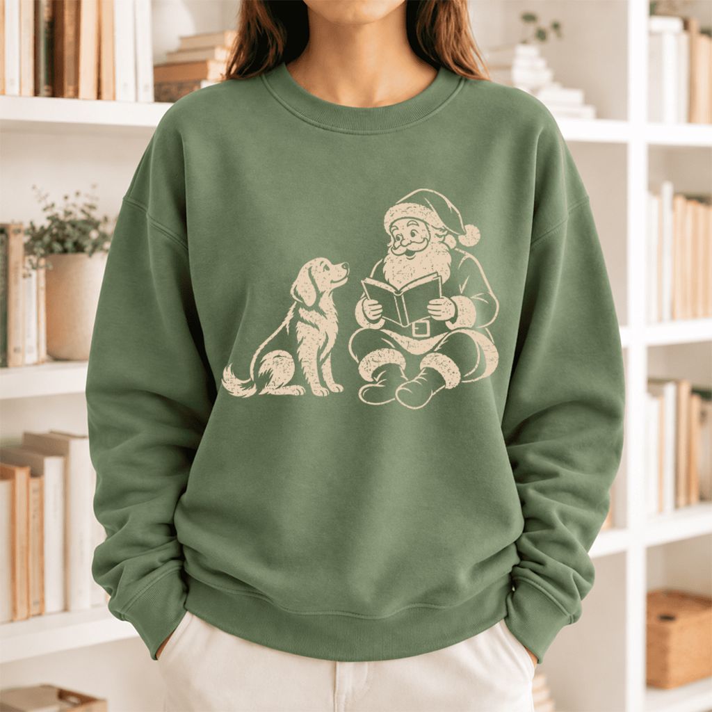 Funny Dog With Reading Santa Softstyle Sweatshirt | Christmas Book Lover Gift Military Green