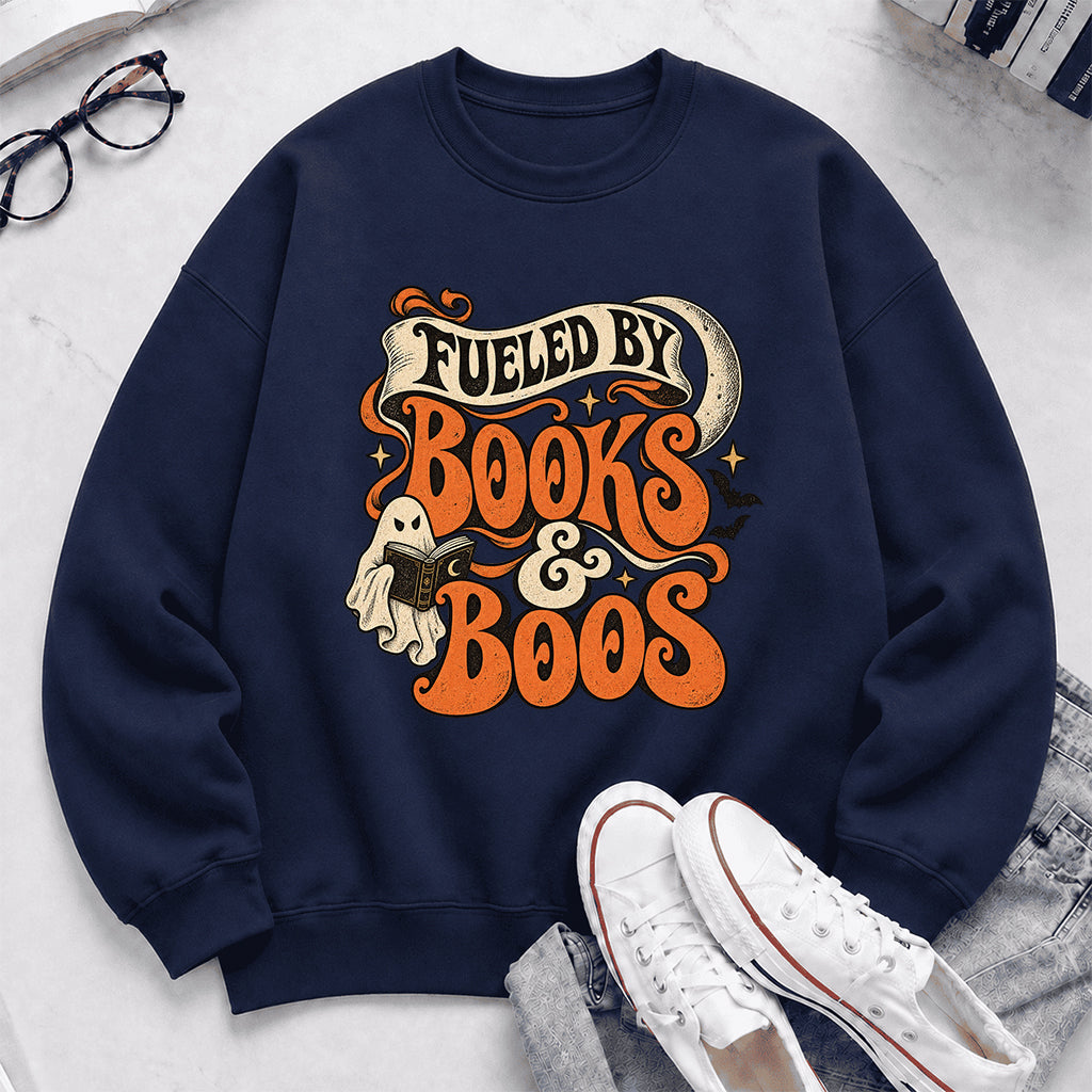 Fueled By Books & Boos Printed Sweatshirt | Halloween Book Lover Gift Navy