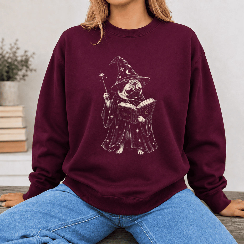 Cute Pug Witch Reading Book Printed Sweatshirt | Halloween Book Lover Gift Maroon