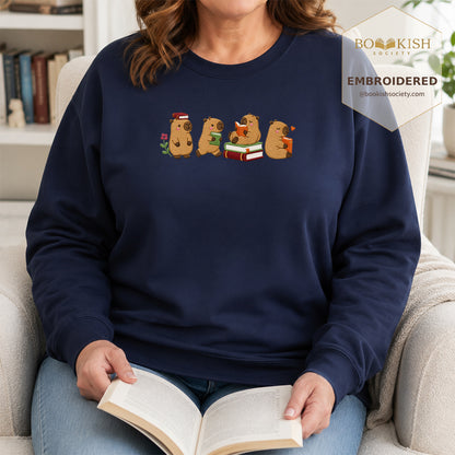 Reading Capybaras Embroidered Sweatshirt | Reader Gift Navy