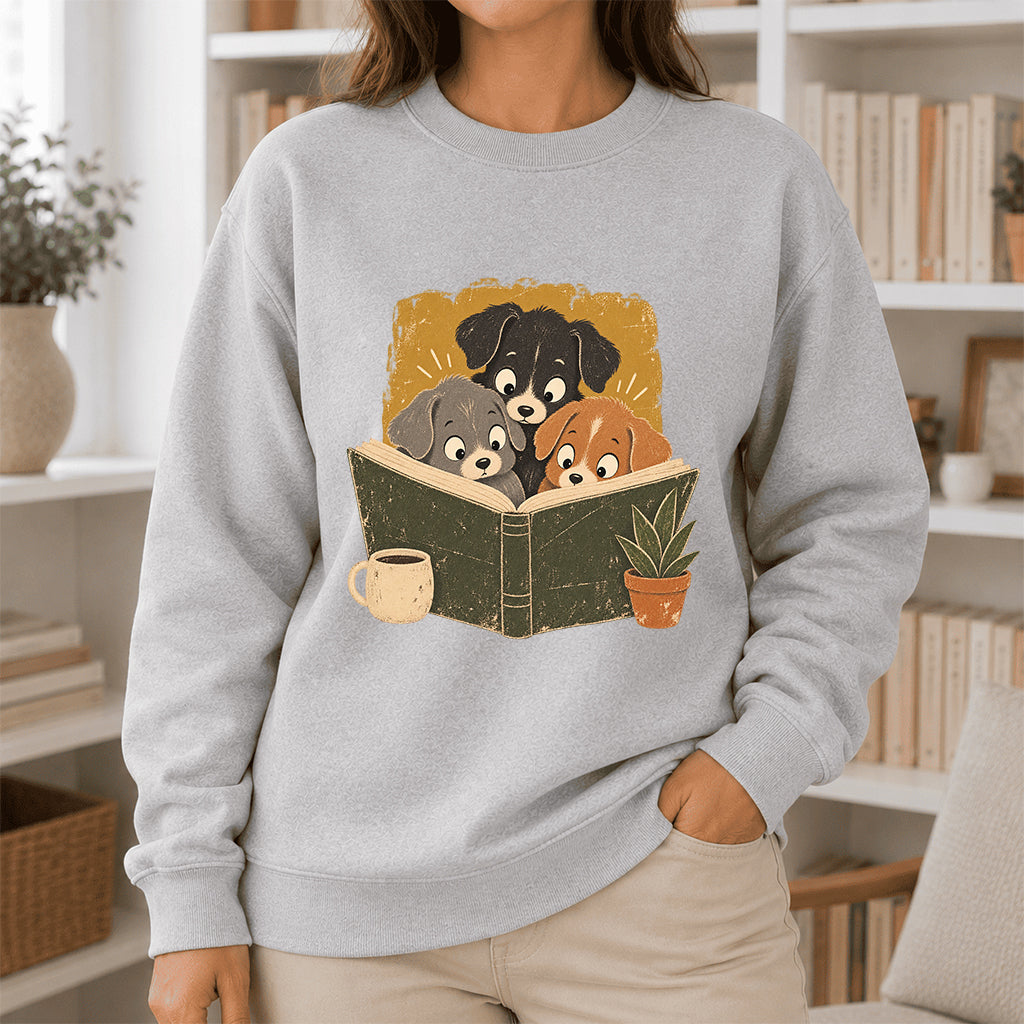 Minimal Japanese Dogs Reading Crewneck Sweatshirt | Reader Gift Sport Grey