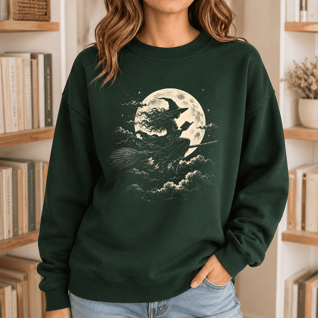 Reading Witch On The Flying Broom Printed Sweatshirt | Halloween Reader Gift Forest Green