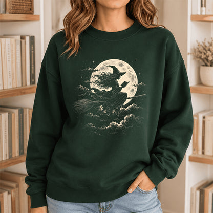 Reading Witch On The Flying Broom Printed Sweatshirt | Halloween Reader Gift Forest Green