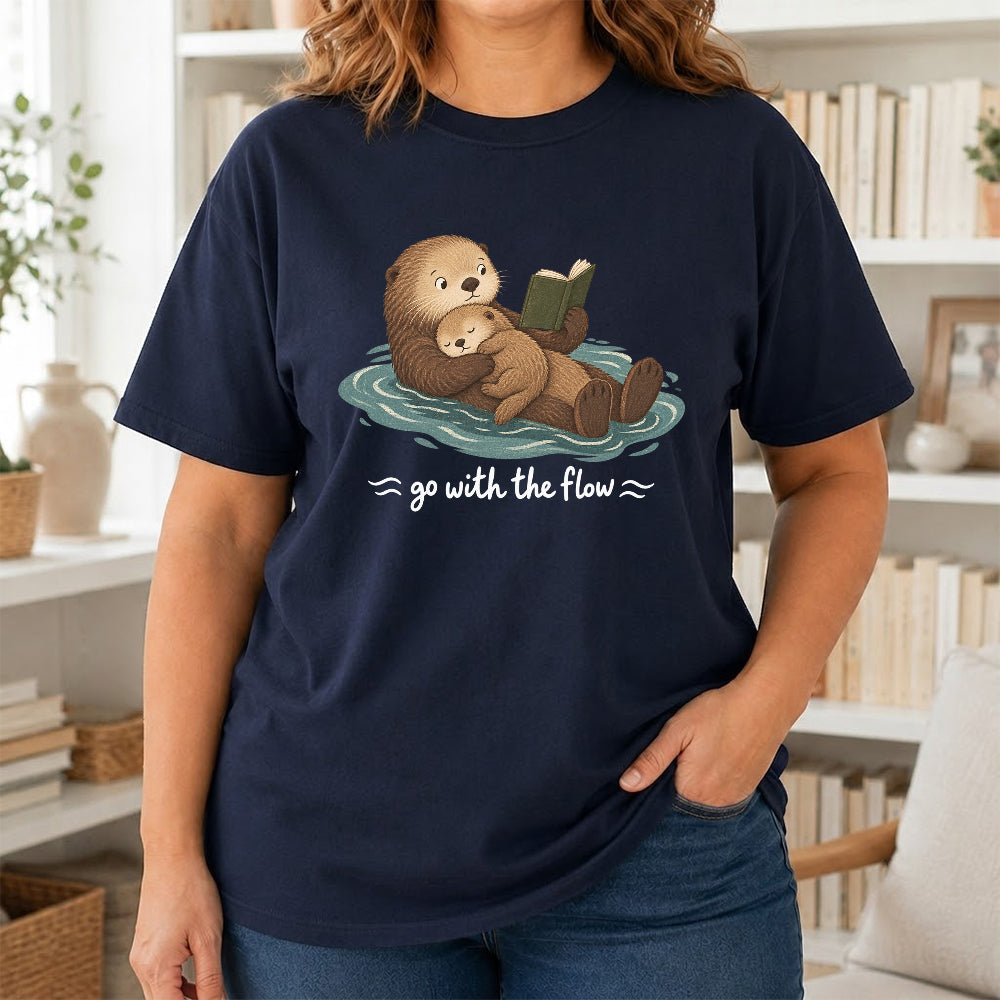 Go With The Flow Otter Reading Softstyle T-Shirt | Book Lover Gift Navy