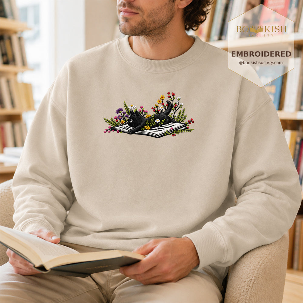 Cat and Book Embroidered Sweatshirt | Reader Gift Sand
