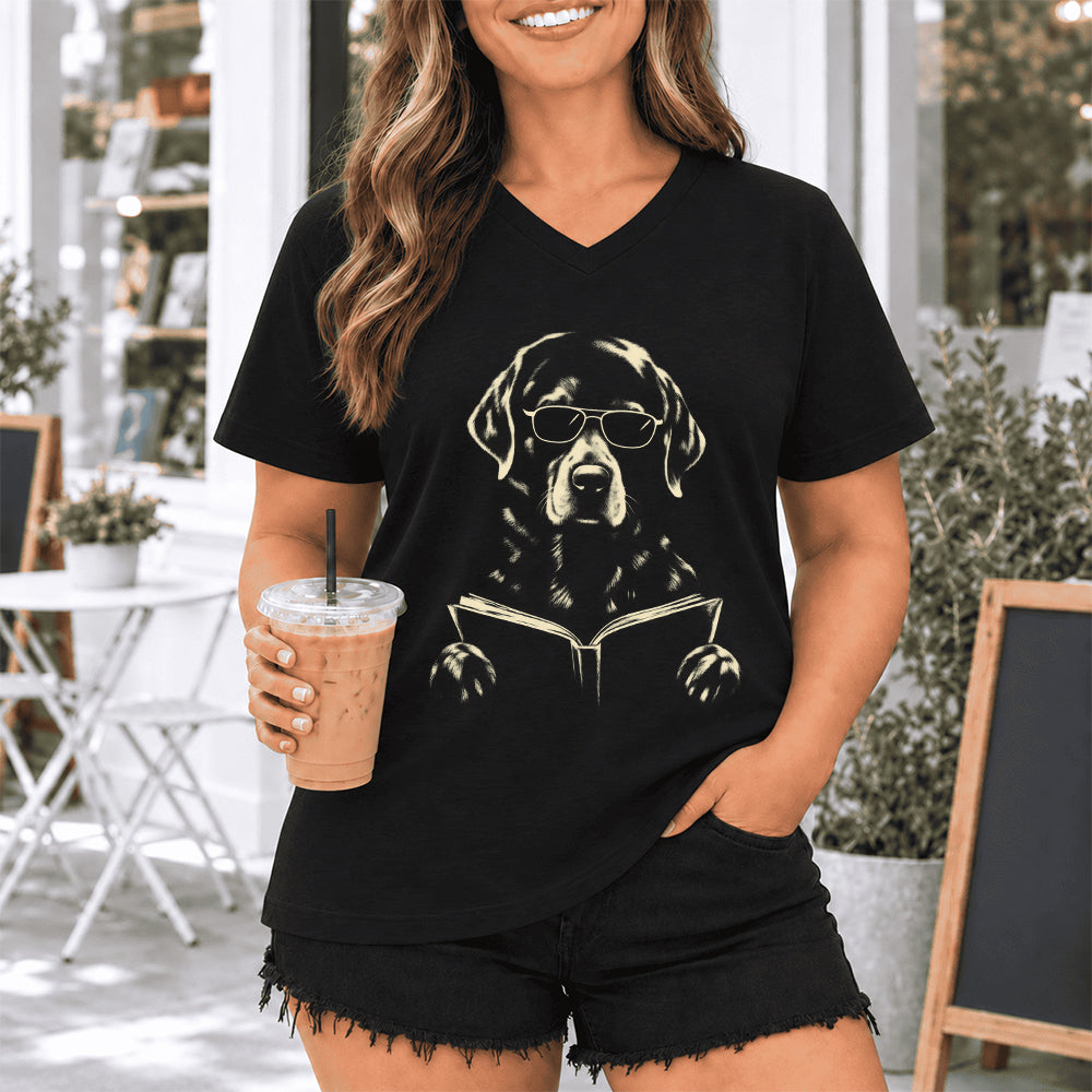 Labrador Retriever Reading Book Ultra-Soft V-Neck | Dog Mom Reader Gift Black
