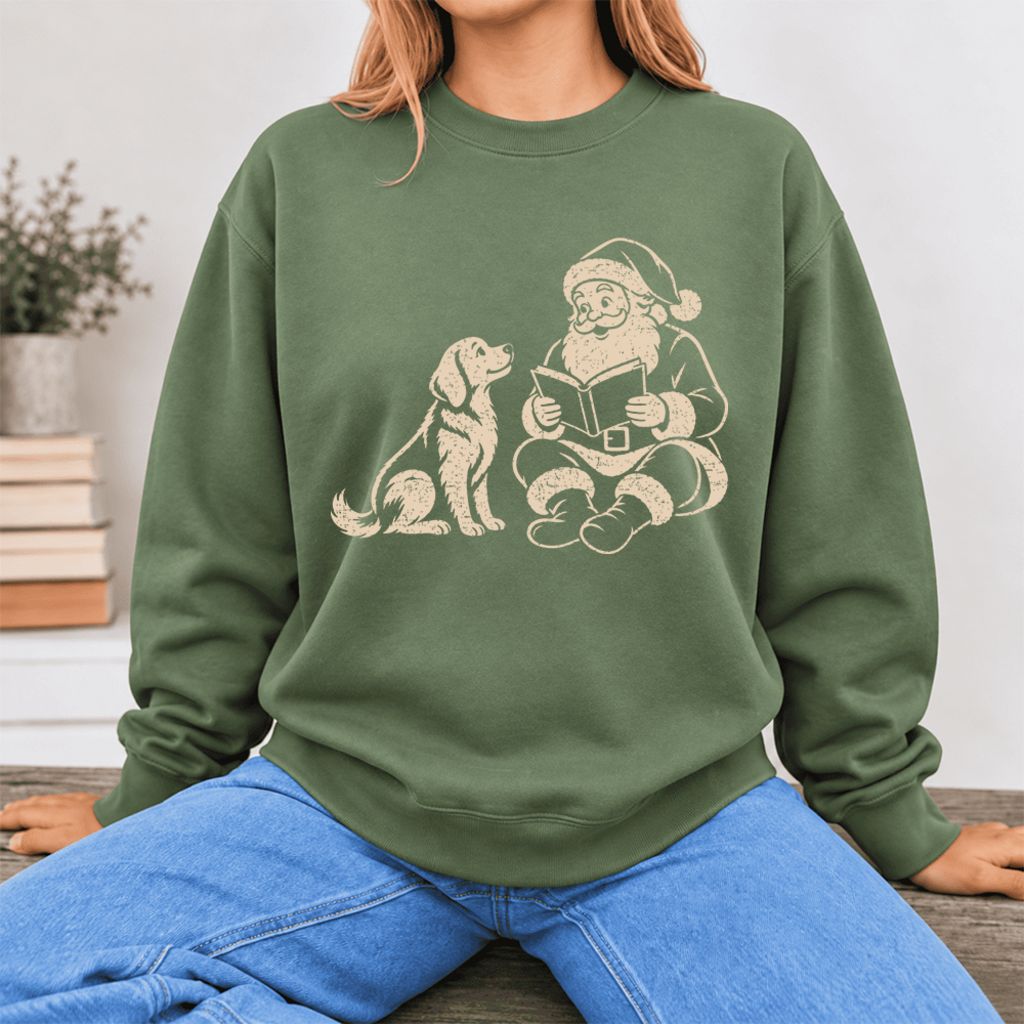 Funny Dog With Reading Santa Softstyle Sweatshirt | Christmas Book Lover Gift Military Green