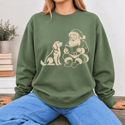 Funny Dog With Reading Santa Softstyle Sweatshirt | Christmas Book Lover Gift Military Green