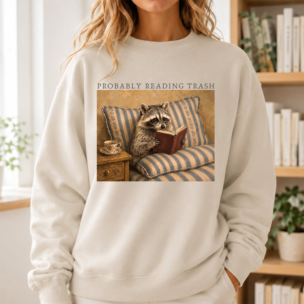 Probably Reading Trash Racoon Crewneck Sweatshirt | Reader Gift Sand