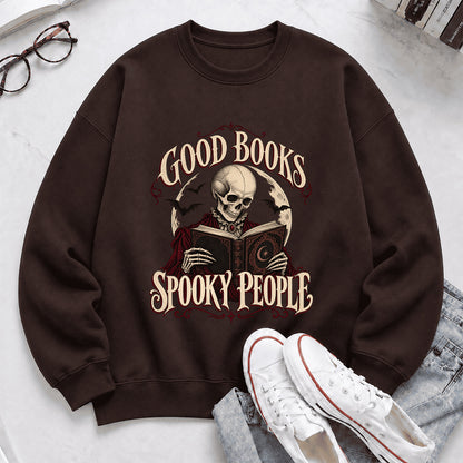 Good Books Spooky People Printed Sweatshirt | Halloween Book Lover Gift Dark Chocolate