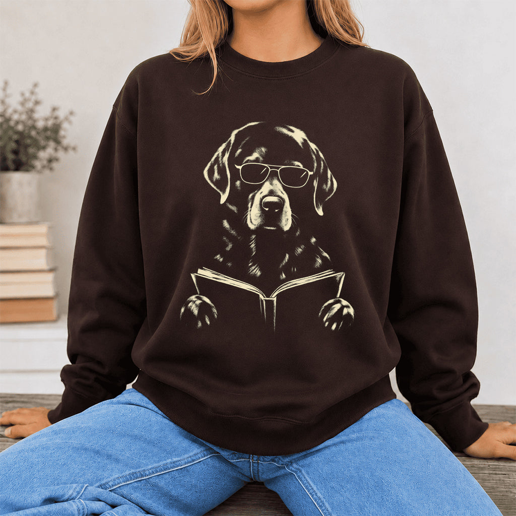 Labrador Retriever Reading Book Crewneck Sweatshirt | Reader Gift Dark Chocolate