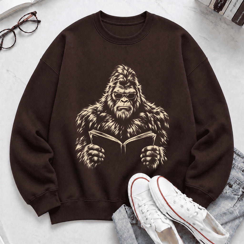 Big Foot Reading Book Crewneck Sweatshirt | Reader Gift Dark Chocolate