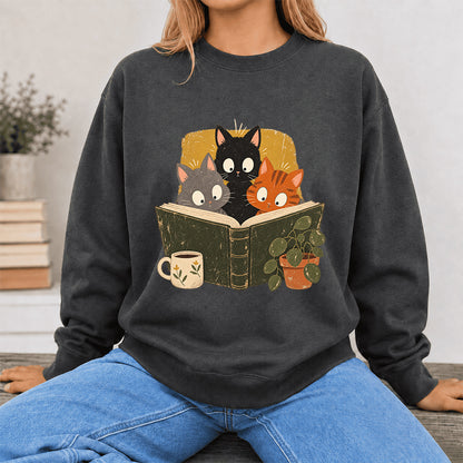 Minimal Japanese Cats Reading Crewneck Sweatshirt | Reader Gift Dark Heather