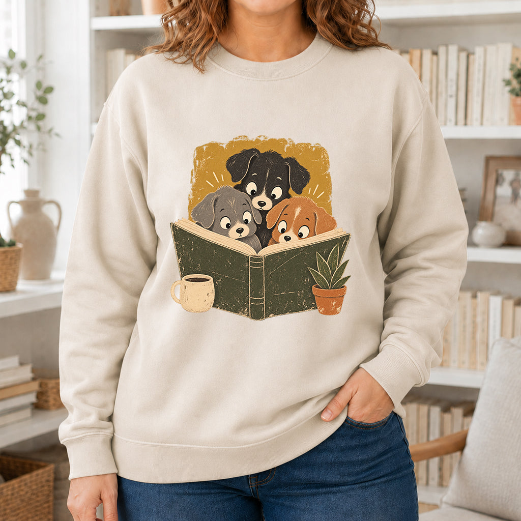 Minimal Japanese Dogs Reading Crewneck Sweatshirt | Reader Gift Sand
