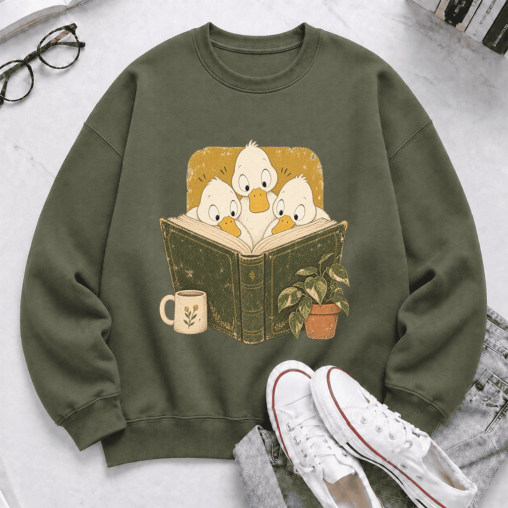 Minimal Japanese Ducks Reading Crewneck Sweatshirt | Reader Gift Military Green