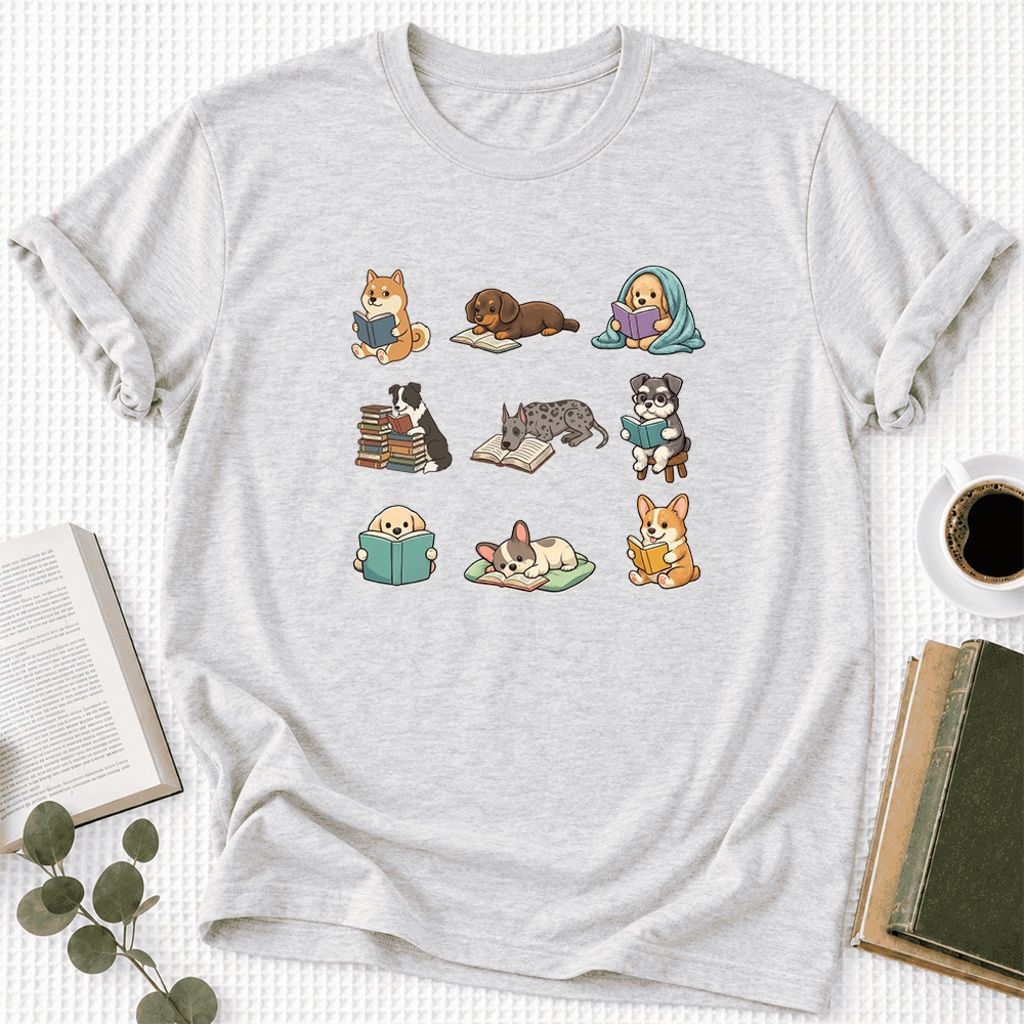 Funny Reading Dogs Ultra-Soft Cotton T-Shirt | Dog Mom Reader Gift Ash