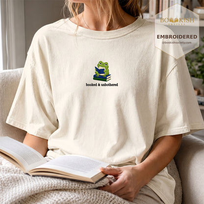 Booked and Unbothered Embroidered Comfort Color® T-shirt | Book Lover Gift Ivory