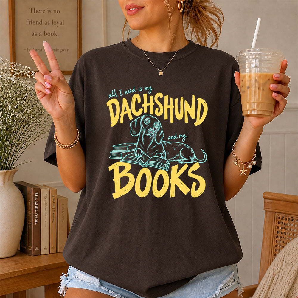 All I Need Is My Dachshund And My Books Softstyle T-Shirt | Book Lover Gift Dark Chocolate