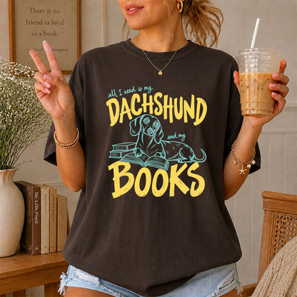 All I Need Is My Dachshund And My Books Softstyle T-Shirt | Book Lover Gift Dark Chocolate