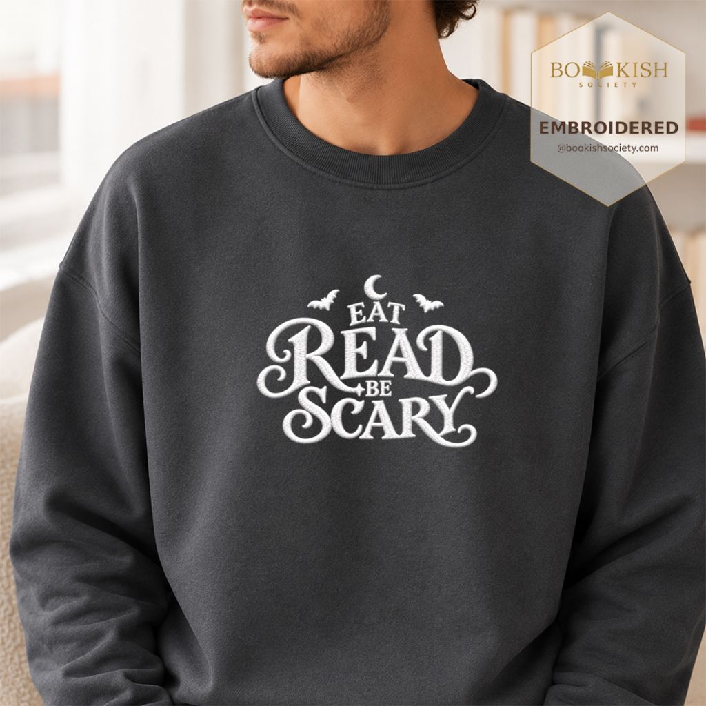 Eat Read Be Scary Embroidered Sweatshirt | Halloween Book Lover Gift Dark Heather