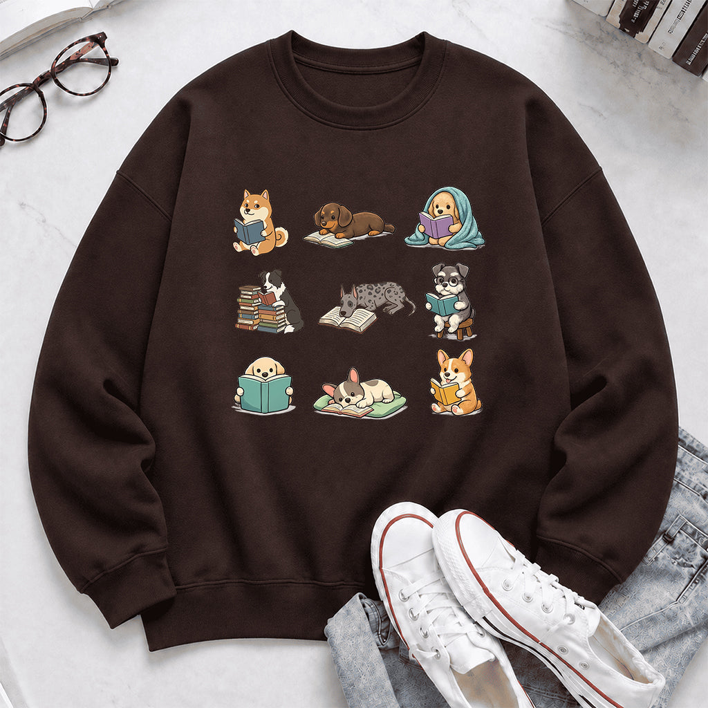 Funny Dogs Reading Crewneck Sweatshirt | Reader Gift Dark Chocolate