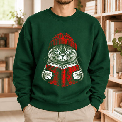 Vintage Reading Cat British Shorthair Softstyle Sweatshirt | Christmas Gift Forest Green