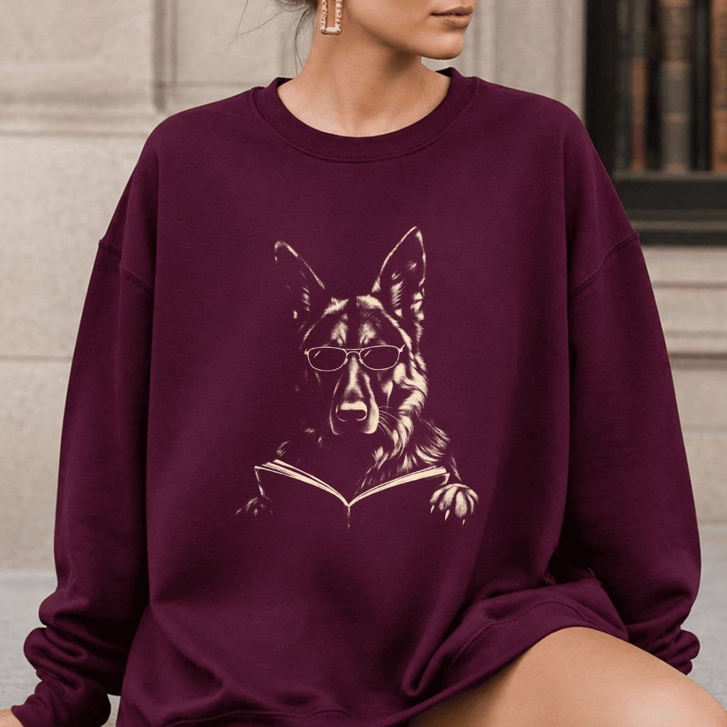 German Shepherd Reading Book Crewneck Sweatshirt | Reader Gift Maroon