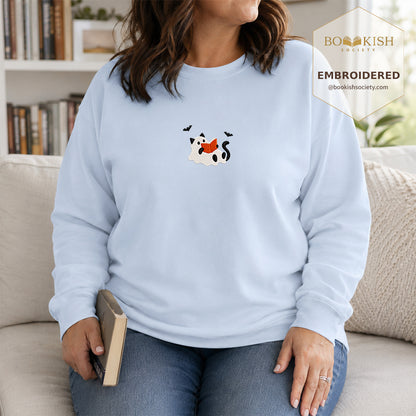 Reading Ghost Cat Embroidered Sweatshirt | Spooky Halloween Reader Gift Light Blue