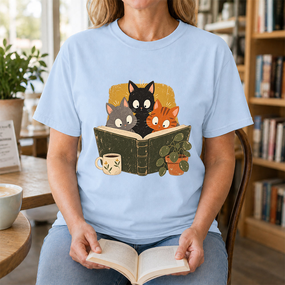 Minimal Japanese Cats Reading Softstyle T-Shirt | Book Lover Gift Light Blue