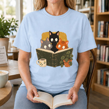 Minimal Japanese Cats Reading Softstyle T-Shirt | Book Lover Gift Light Blue