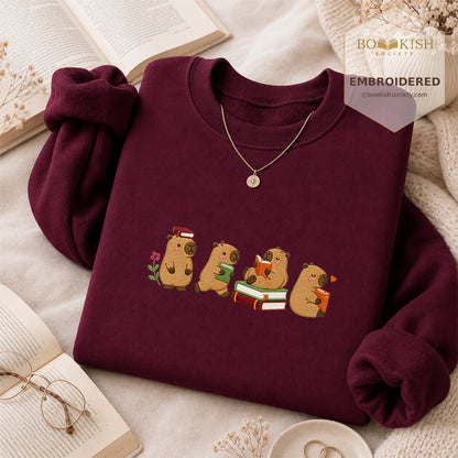 Reading Capybaras Embroidered Sweatshirt | Reader Gift Maroon