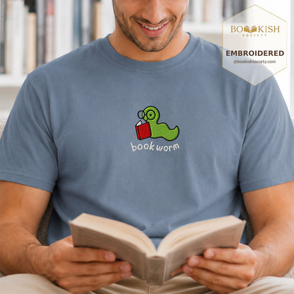 Embroidered Bookworm Comfort Color® T-shirt Book Lover Gift Blue Jean