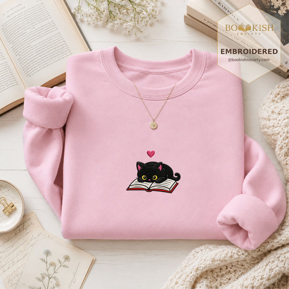 Black Cat and Book Embroidered Sweatshirt | Reader Gift Light Pink