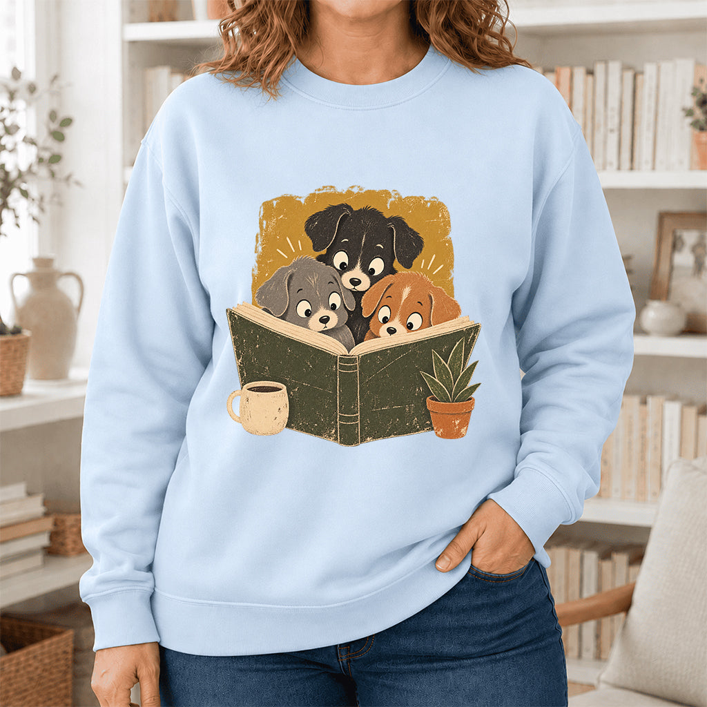 Minimal Japanese Dogs Reading Crewneck Sweatshirt | Reader Gift Light Blue