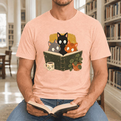 Curious Reading Cats Ultra-Soft Cotton T-Shirt | Cat Lover Reader Gift Heather Peach